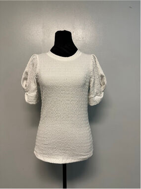 Ces Femme White Textured Puff Sleeve Short Sleeve Blouse Size small
